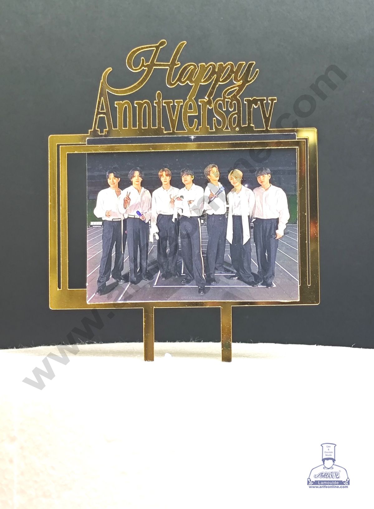 5 inch Gold Rectangle Acrylic Photo Frame Happy Anniversary Cutout Cake Topper | Photo Holder - CAKE DECORβ’