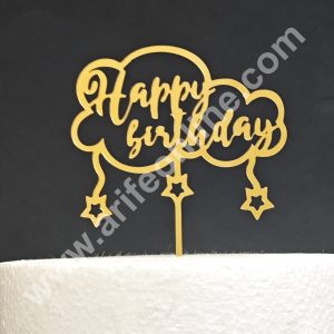 Gold Acrylic Finishing Cake Topper Happy Birthday With Clouds and Stars Cake Topper - Cake Decor