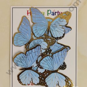 CAKE DECOR™ 8 Pcs Light Blue Butterfly With Golden Border Paper Topper For Cake And Cupcake
