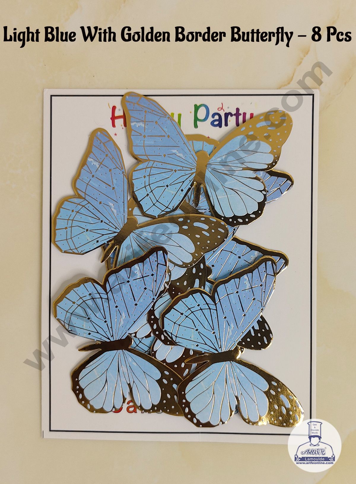 CAKE DECORβ’ 8 Pcs Light Blue Butterfly With Golden Border Paper Topper For Cake And Cupcake