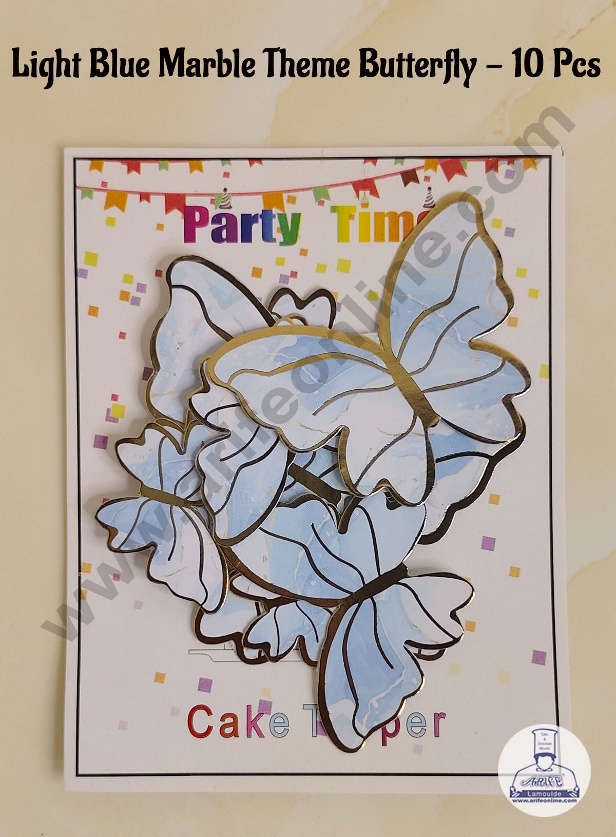 CAKE DECORβ’ 10 Pc Light Blue Marble Theme Butterfly With Golden Border Paper Topper For Cake And Cupcake