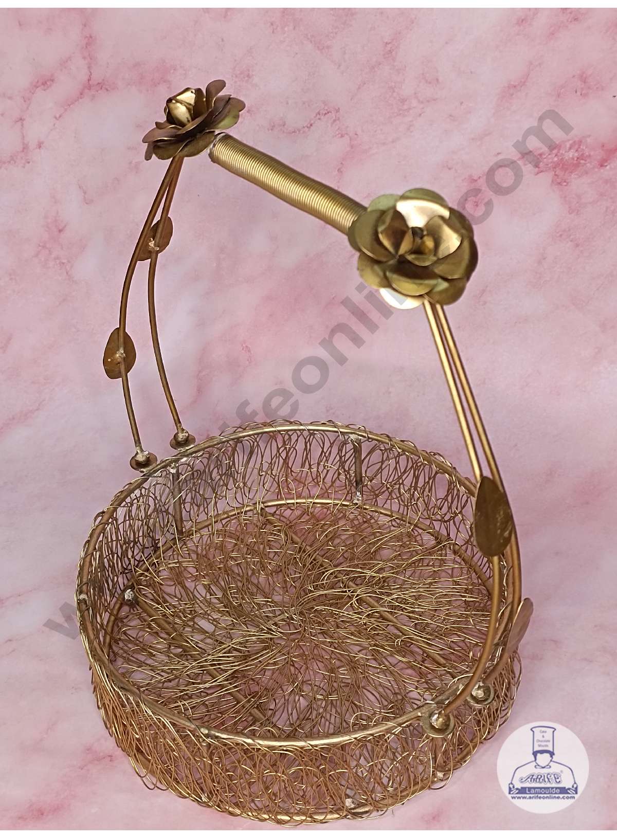 CAKE DECOR™ Golden Metal Mesh Wired Gift Hamper Basket with Metal Rose on Handle ( SBSCS-M-001 )