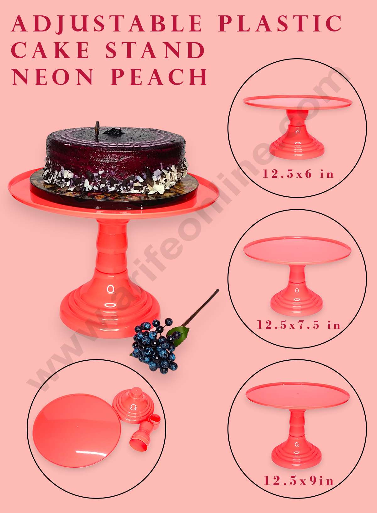 CAKE DECOR™ Adjustable Plastic Cake Stand | Cupcake Stand | Display Stand - Neon Peach