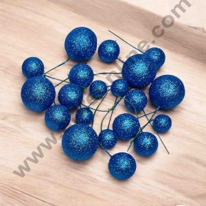 Cake Decor Blue Glitter Faux Ball Toppers For Cake and Cupcake Decoration - (20pcs Pack)