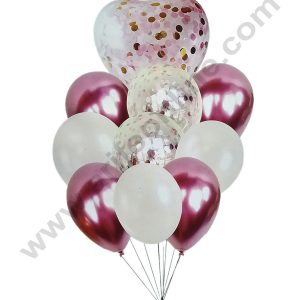 Cake Decor™ Pink White Balloons wit Heart Round Confetti Balloons Set ( Pack of 10 Pcs )