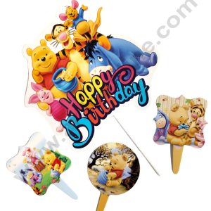 CAKE DECOR™ 4 Pcs Paper Winnie The Pooh Theme Happy Birthday Topper For Cake And Cupcake