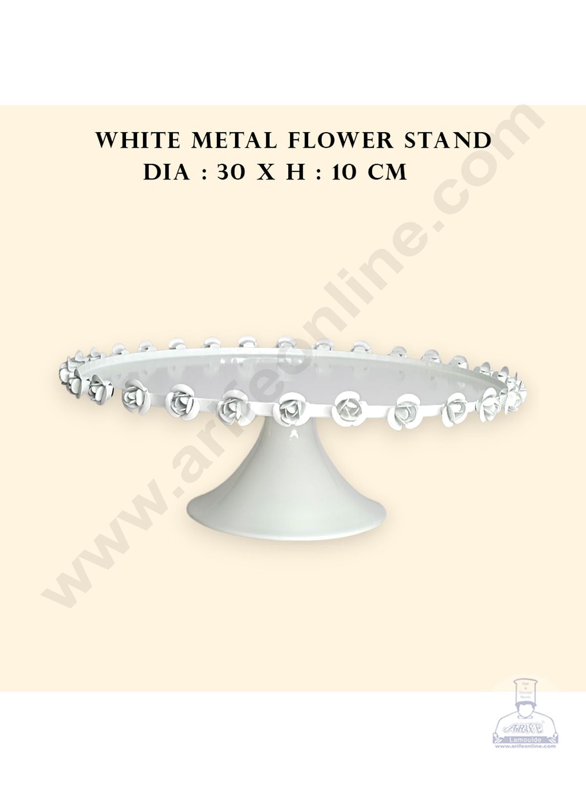 CAKE DECOR™ White Metal Cake Stand with Metal Rose Border | Dessert Stand | Cupcake Stand
