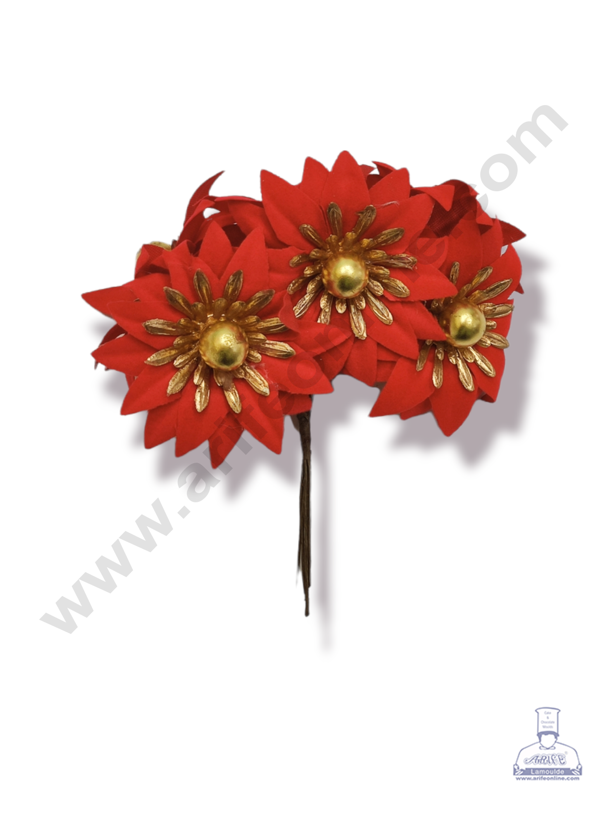 Cake Decorβ’ 6 Pcs Medium Red Flower With Gold Bead β Red