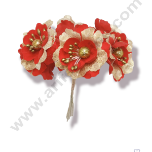 Cake Decor™  6 Pcs Medium Red Gold Velvet Blossom With Pollen and Bead – Red