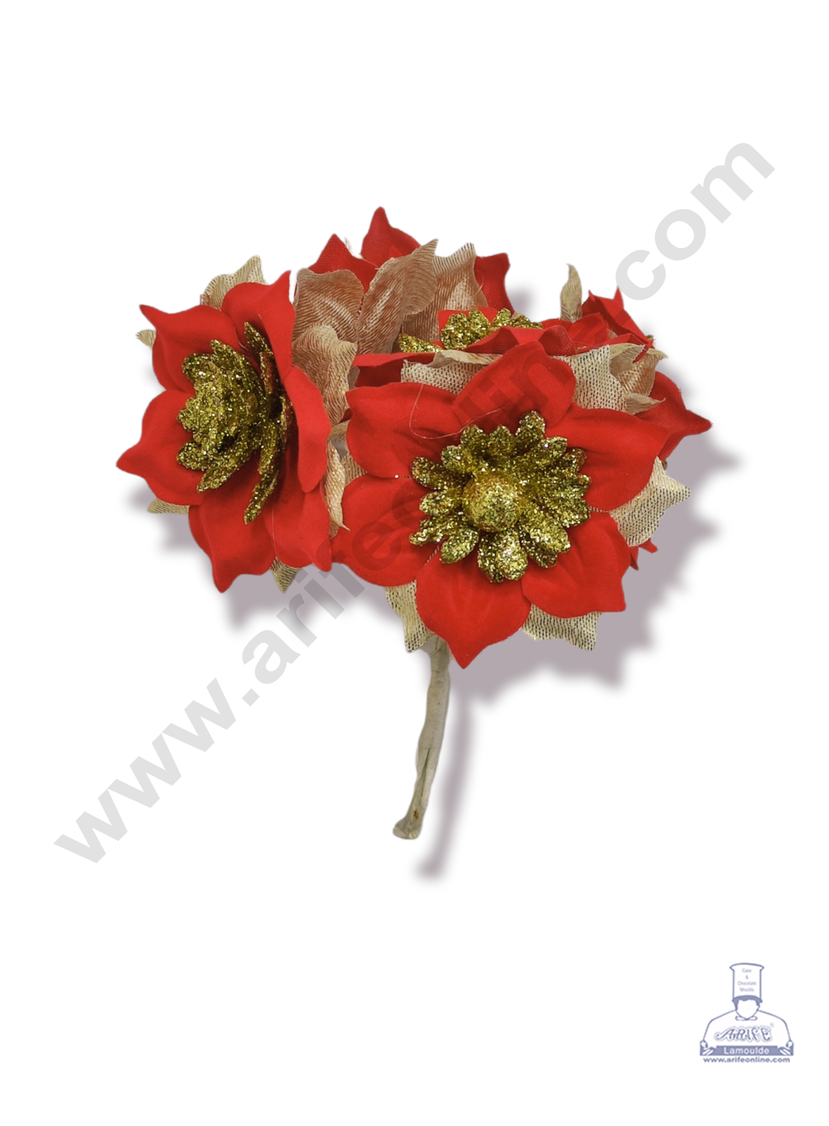 Cake Decorβ’ 6 Pcs Big Red Gold Velvet Blossom With Gold Shimmer β Red