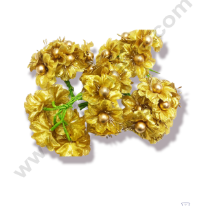 Cake Decor™  6 Pcs Small Shiney Gold Flower With Bead and Pollen – Gold