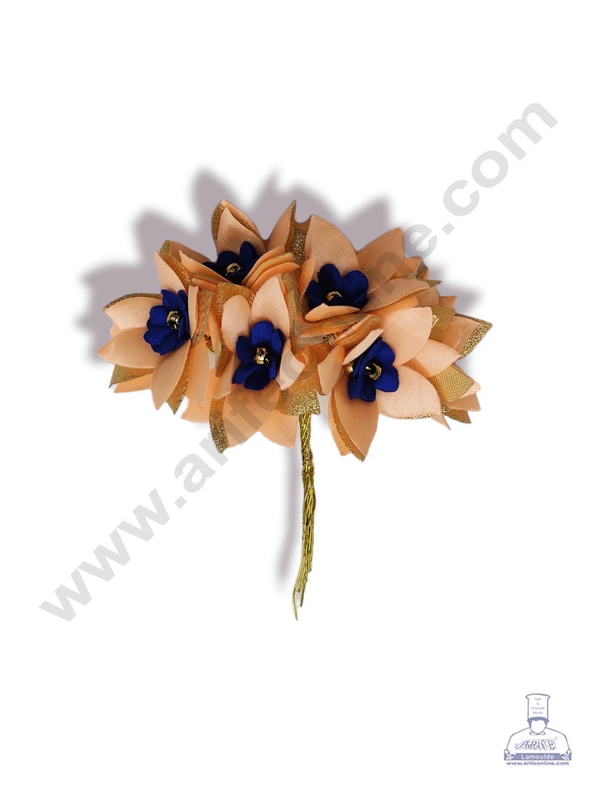 Cake Decorβ’ 5 Petal Star Flower With Gold Bead Bunch of 6 Pcs β Blue Peach & Golden Petal