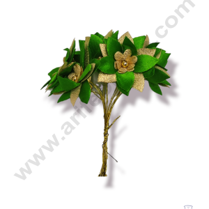 Cake Decor™  5 Petal Star Flower With Gold Bead Bunch of 6 Pcs – Leaf Green & Golden Petal