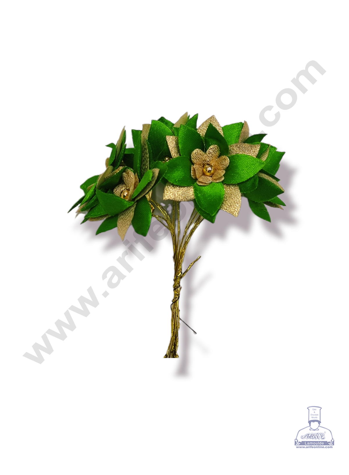 Cake Decorβ’ 5 Petal Star Flower With Gold Bead Bunch of 6 Pcs β Leaf Green & Golden Petal