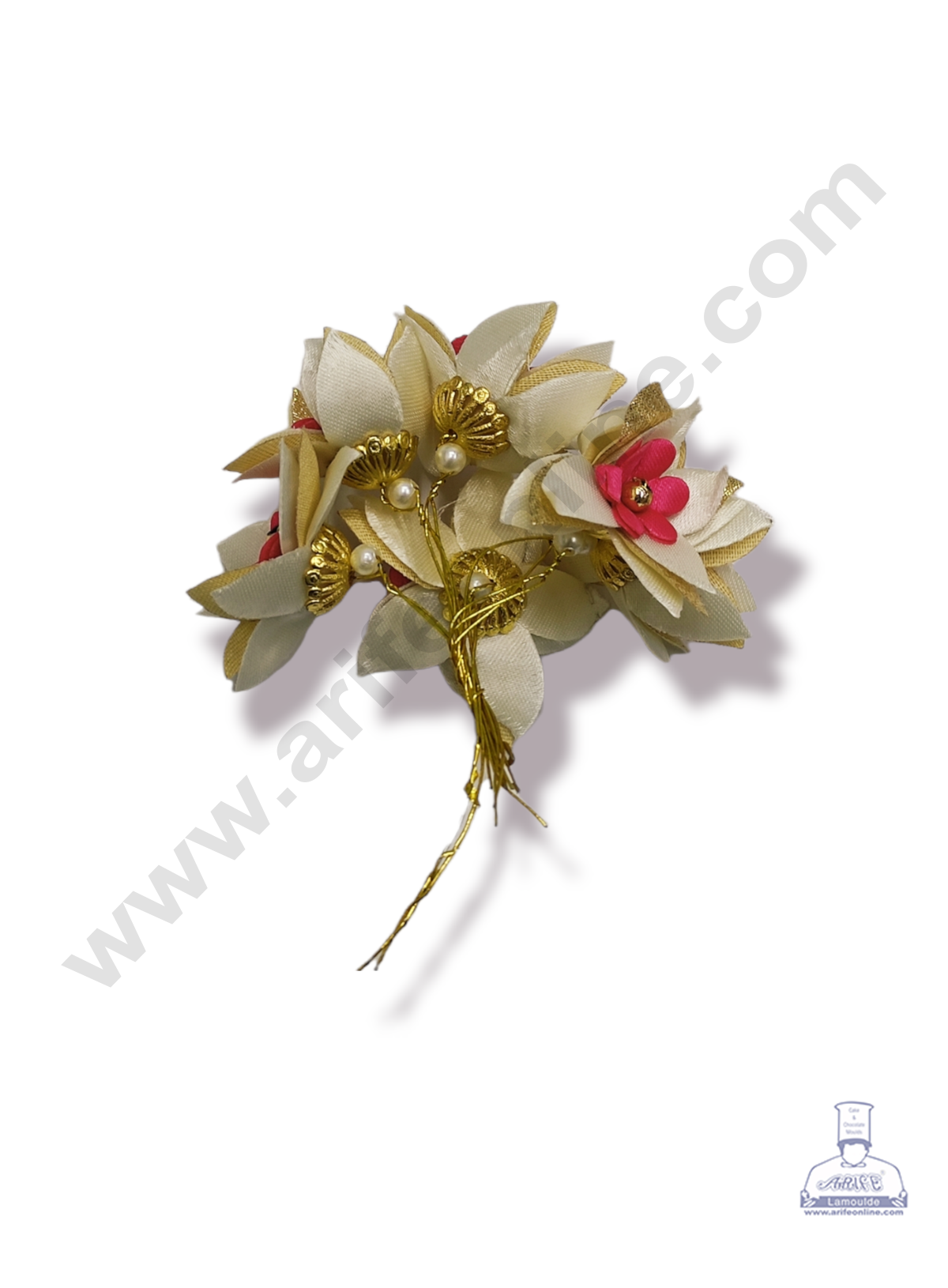 Cake Decorβ’ 5 Petal Star Flower With Gold Bead Bunch of 6 Pcs β Pink White & Golden Petal