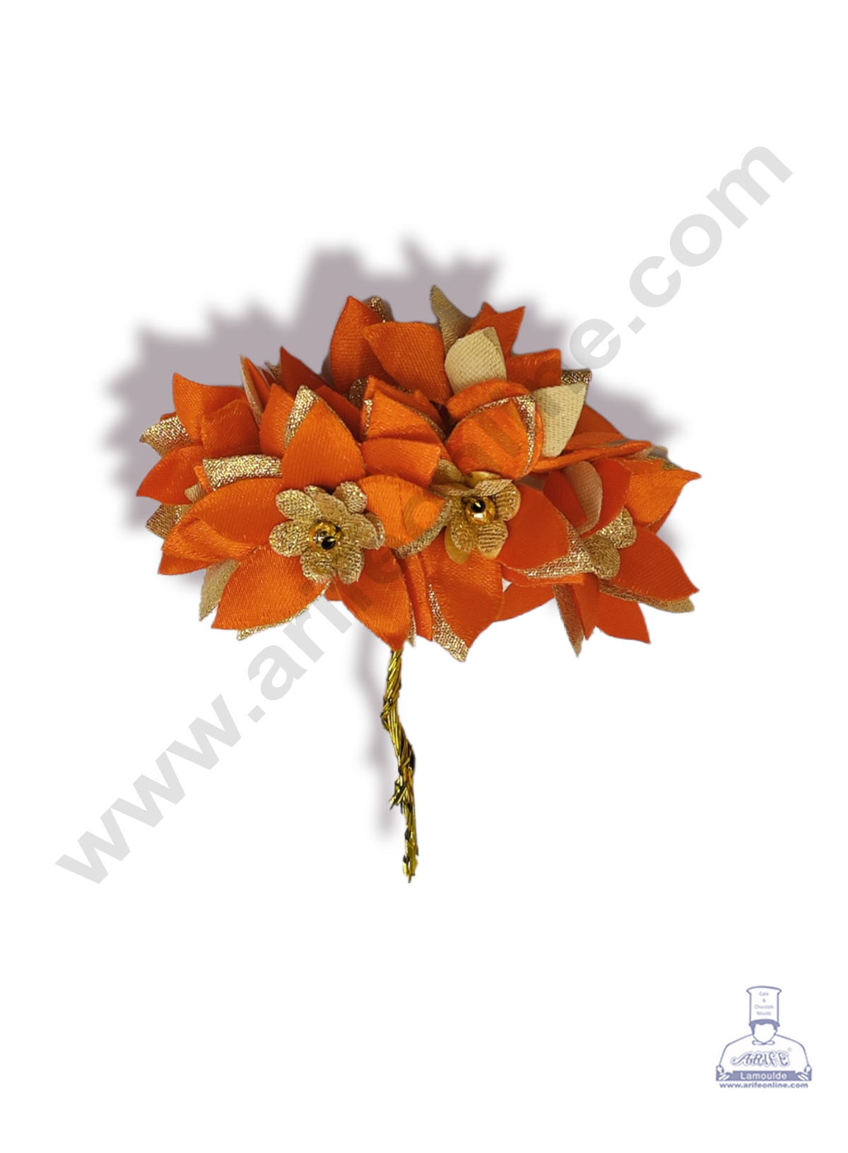 Cake Decorβ’ 5 Petal Star Flower With Gold Bead Bunch of 6 Pcs β Orange & Golden Petal