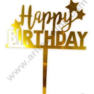 CAKE DECOR™ Gold Mirror Finishing Acrylic Happy Birthday with Stars Cake Topper SBMT-N-015