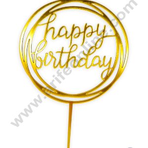 CAKE DECOR™ Gold Mirror Finishing Acrylic Happy Birthday in Round Rings Frame Cake Topper SBMT-N-026