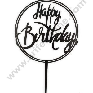 CAKE DECOR™ Black Acrylic Happy Birthday in Double Round Frame Cake Topper SBMT-N-017