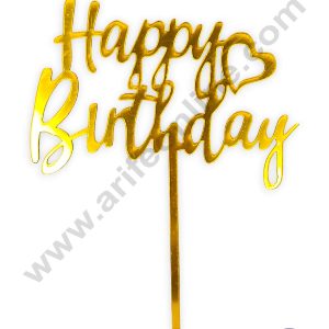 CAKE DECOR™ Gold Mirror Finishing Acrylic Happy Birthday with Heart Cake Topper SBMT-N-027