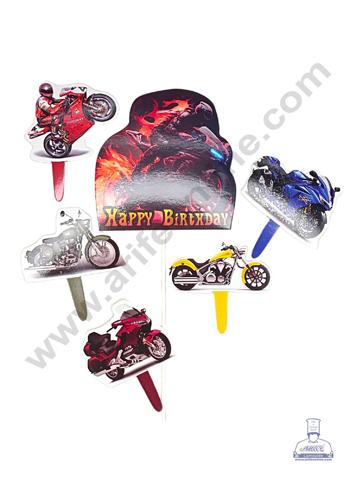 CAKE DECOR™ 6 pcs Happy Birthday Bikes Theme Paper Topper For Cake And Cupcake (SBMT-PT-097)