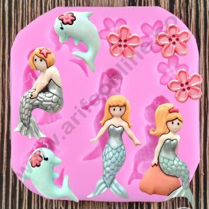 Cake Decor Silicone 8 Cavity Mermaid Tail and Flower Button Shape Pink Fondant Marzipan Mould