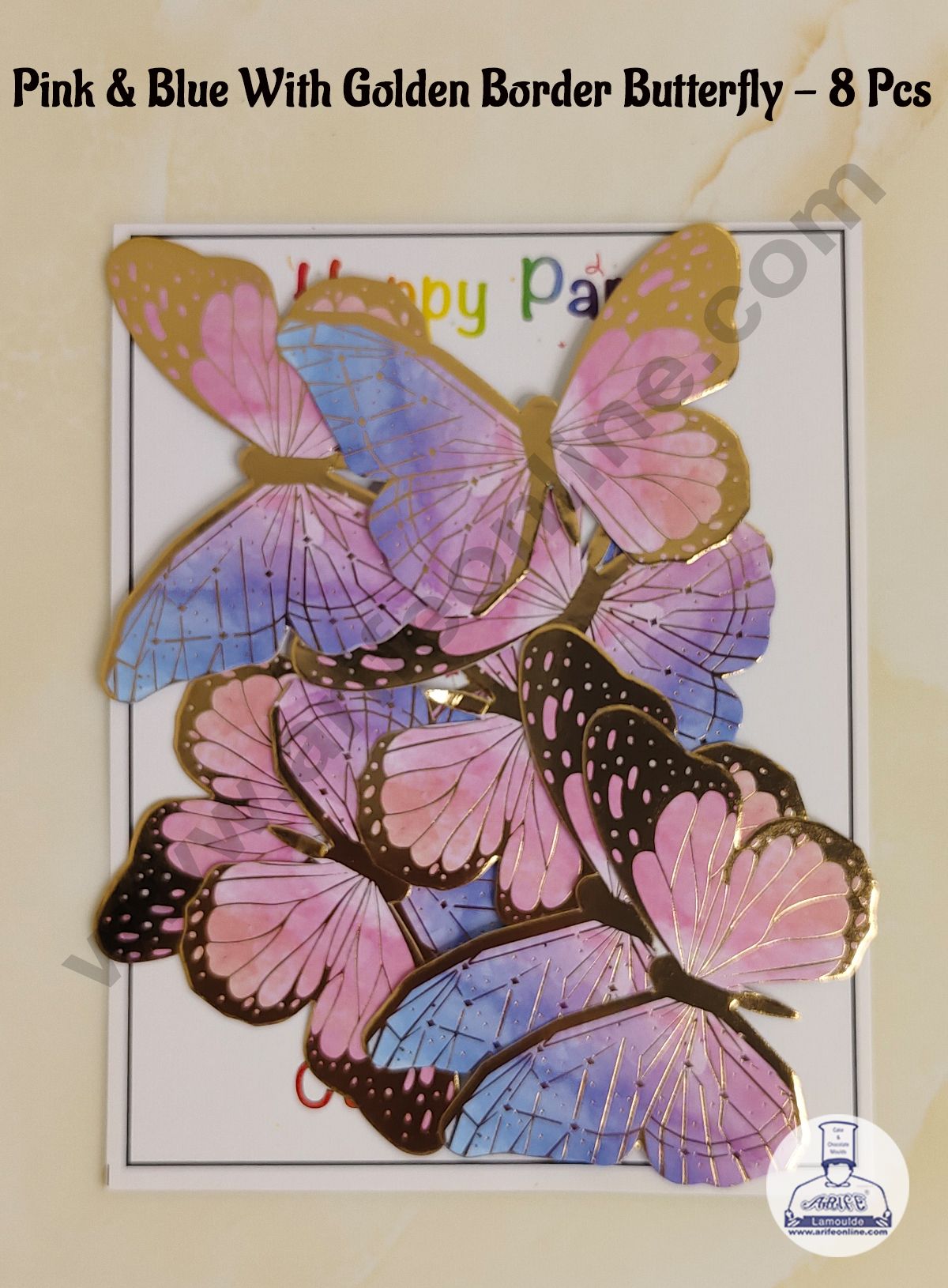 CAKE DECORβ’ 8 Pc Pink & Blue Colour Butterfly With Golden Border Paper Topper For Cake And Cupcake