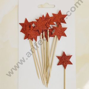 CAKE DECOR™ 10 Pcs Foam Star Red Glitter Topper For Cake And Cupcake Decoration