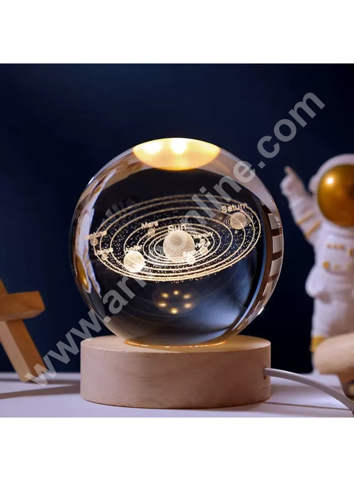 3D Solar System Crystal Ball Night Lamp | USB Table LED with Wooden Stand for Home Office Christmas Decoration | Birthday Gift | Cake Decoration