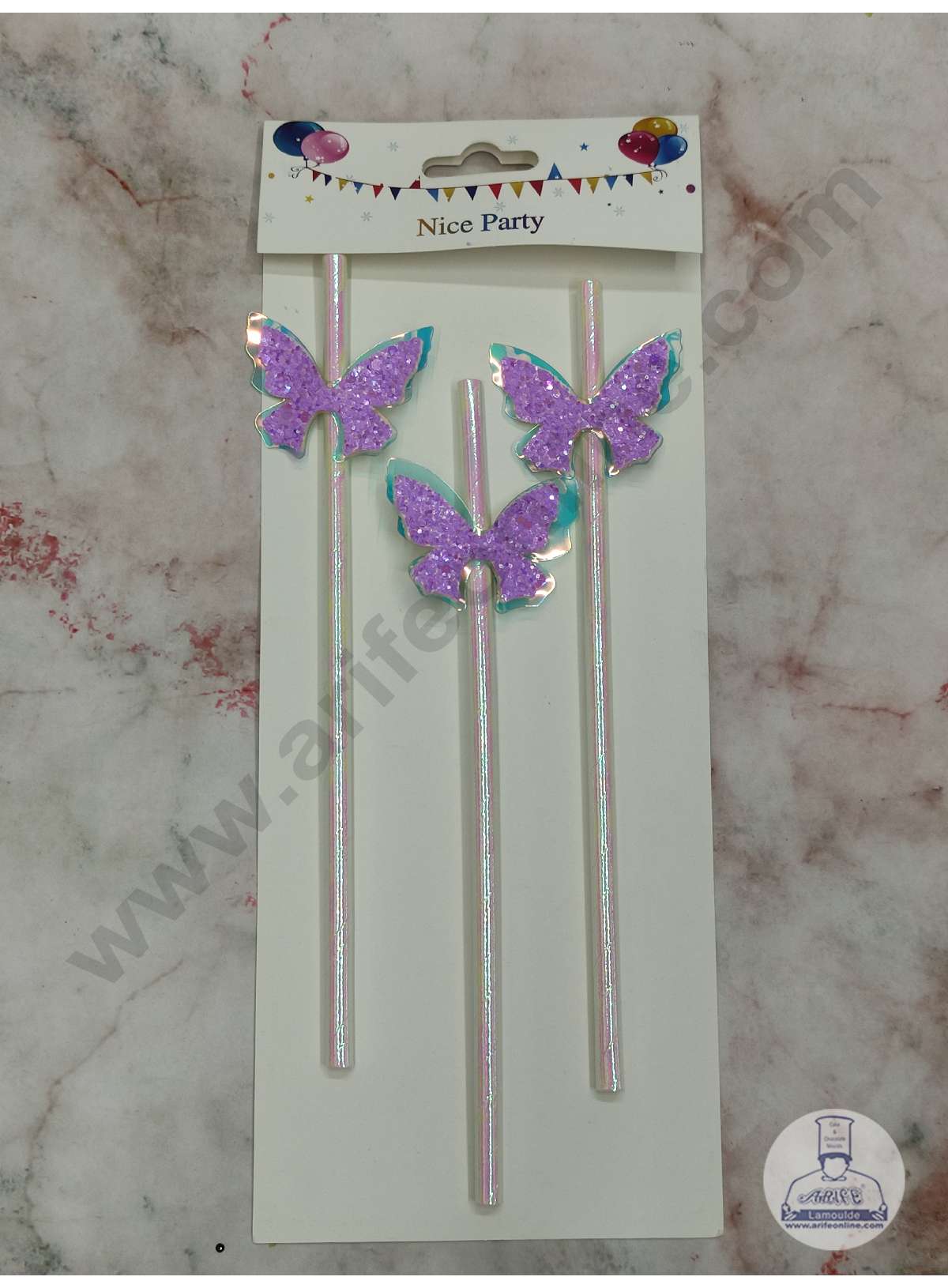 CAKE DECORβ’ 3pcs Dual Shade Purple Blue Butterfly Straw Topper For Cake Decoration( SB-STRAW-336-PRB )