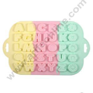 CAKE DECOR™ 26 Cavities Alphabets with mix flowers Button Theme Rainbow Silicone Mould Silicon Muffin Mold SB-ZU181