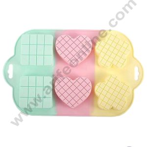 CAKE DECOR™ 6 Cavity Mix Heart, Square & Flower Shape Checks Texture Rainbow Silicone Mould Silicon Muffin Mold SB-ZU213