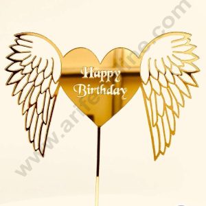 CAKE DECOR™ 5 inch Acrylic Happy Birthday Heart with Angel Wings Cake Topper Cake Decoration Dessert Decoration (SBMT-1015)