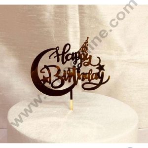 CAKE DECOR™ 5 inch Acrylic Happy Birthday with Cresent Moon, Stars & A Birthday Cap Cutout Cake Topper Cake Decoration Dessert Decoration (SBMT-1034)