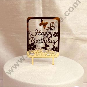 CAKE DECOR™ 5 inch Acrylic Happy Birthday with Flowers & Butterfly in Rectangle Frame Cutout Cake Topper Cake Decoration Dessert Decoration (SBMT-1035)