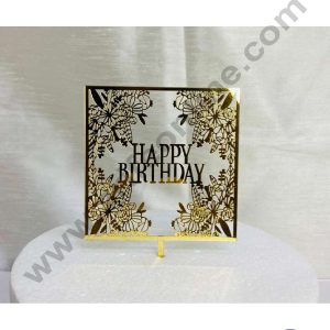 CAKE DECOR™ 5 inch Acrylic Happy Birthday with Flowers Cutout in Square Frame Cake Topper Cake Decoration Dessert Decoration (SBMT-1036)