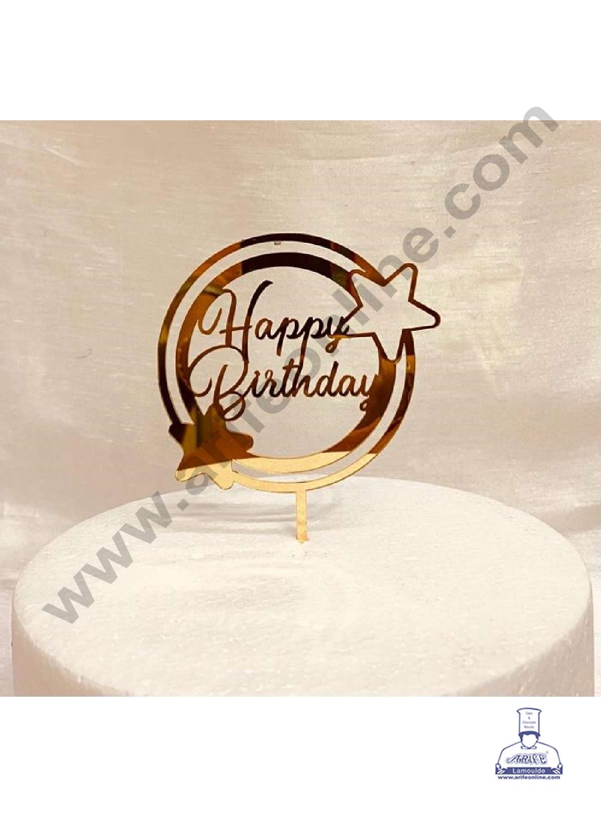 CAKE DECOR™ 5 inch Acrylic Happy Birthday with Stars Cutout in Double Round Frame Cake Topper Cake Decoration Dessert Decoration (SBMT-1037)