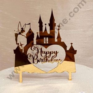 CAKE DECOR™ 5 inch Acrylic Happy Birthday in Heart Frame with Castle and Fairy Cake Topper Cake Decoration Dessert Decoration (SBMT-1043)