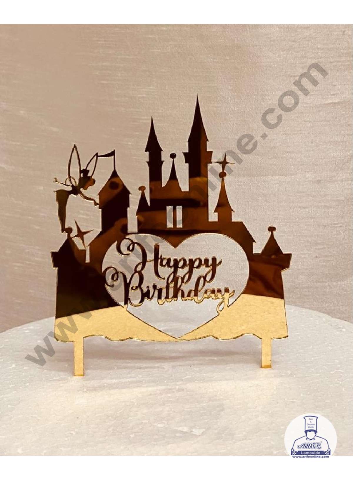 CAKE DECOR™ 5 inch Acrylic Happy Birthday in Heart Frame with Castle and Fairy Cake Topper Cake Decoration Dessert Decoration (SBMT-1043)