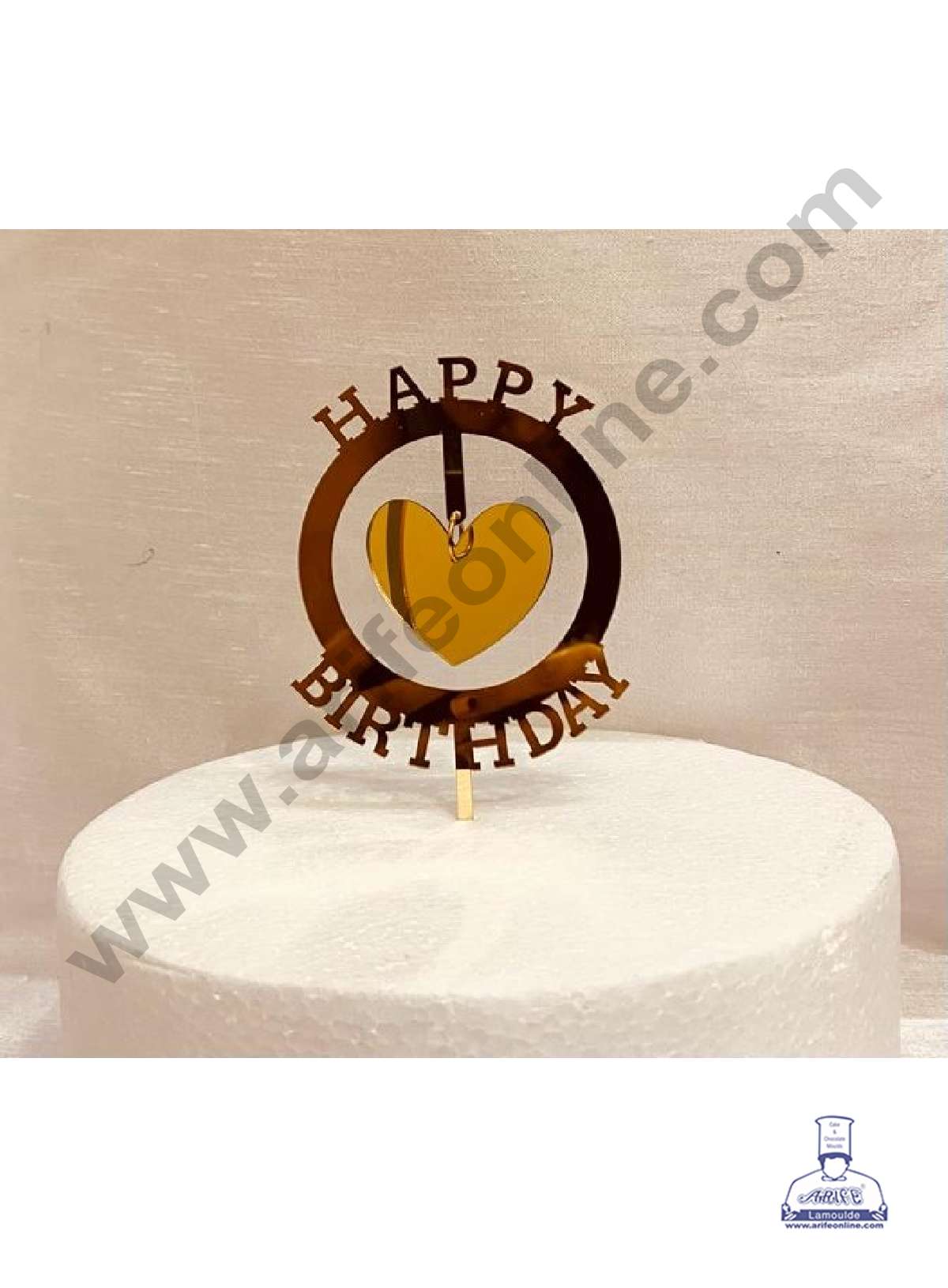 CAKE DECOR™ 5 inch Acrylic Happy Birthday Round Frame with Hanging Heart Cutout Cake Topper Cake Decoration Dessert Decoration (SBMT-1044)