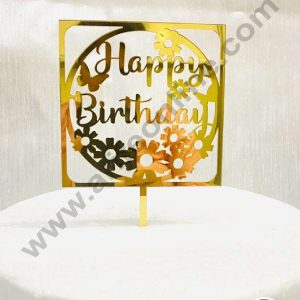 CAKE DECOR™ 5 inch Acrylic Happy Birthday with Butterfly & Floral Cutout in Round & Square Frame Cake Topper Cake Decoration Dessert Decoration (SBMT-1047)