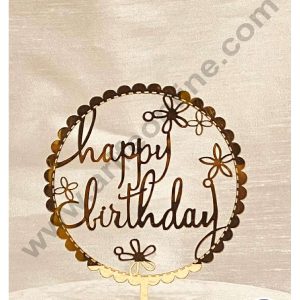 CAKE DECOR™ 5 inch Acrylic Happy Birthday with Floral Cutout in Round Frill Frame Cake Topper Cake Decoration Dessert Decoration (SBMT-1048)