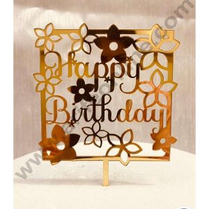 CAKE DECOR™ 5 inch Acrylic Happy Birthday with Flowers Cutout in Square Frame Cake Topper Cake Decoration Dessert Decoration (SBMT-1049)