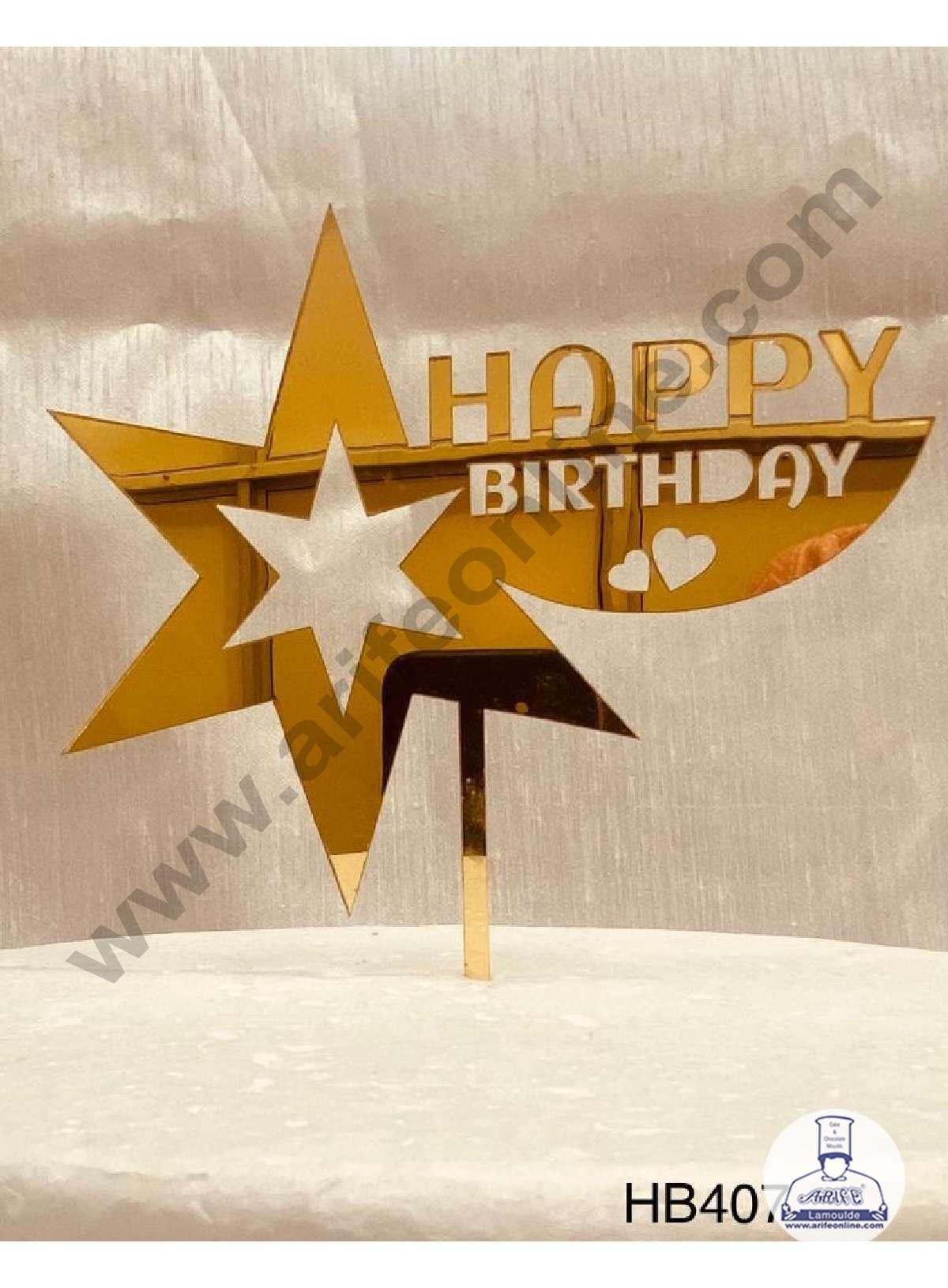 CAKE DECOR™ 5 inch Acrylic Happy Birthday with Mini Hearts & Big Star Cutouts Cake Topper Cake Decoration Dessert Decoration (SBMT-1054)