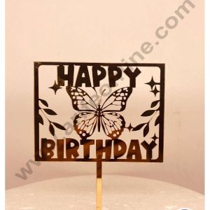 CAKE DECOR™ 5 inch Acrylic Happy Birthday with Butterfly and Leaf Cutout in Rectangle Frame Cake Topper Cake Decoration Dessert Decoration (SBMT-1056)