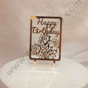 CAKE DECOR™ 5 inch Acrylic Happy Birthday in Flower Cutout in Rectangle Frame Cake Topper Cake Decoration (SBMT-1079)