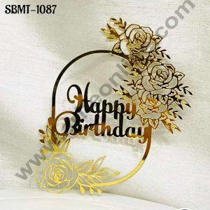 CAKE DECOR™ 5 inch Acrylic Happy Birthday in Rose Flower Cutout Frame Cake topper (SBMT-1087)