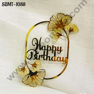 CAKE DECOR™ 5 inch Acrylic Happy Birthday in Ginkgo Leaf Cutout Frame Cake topper (SBMT-1088)