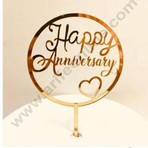 CAKE DECOR™ 5 inch Acrylic Simple Happy Anniversary Round Frame with Heart Cake Topper Cake Decoration Dessert Decoration (SBMT-2010)