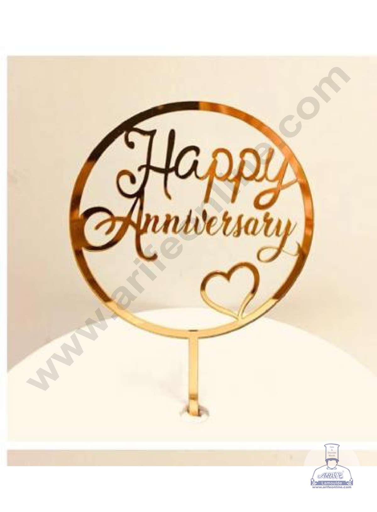 CAKE DECOR™ 5 inch Acrylic Simple Happy Anniversary Round Frame with Heart Cake Topper Cake Decoration Dessert Decoration (SBMT-2010)